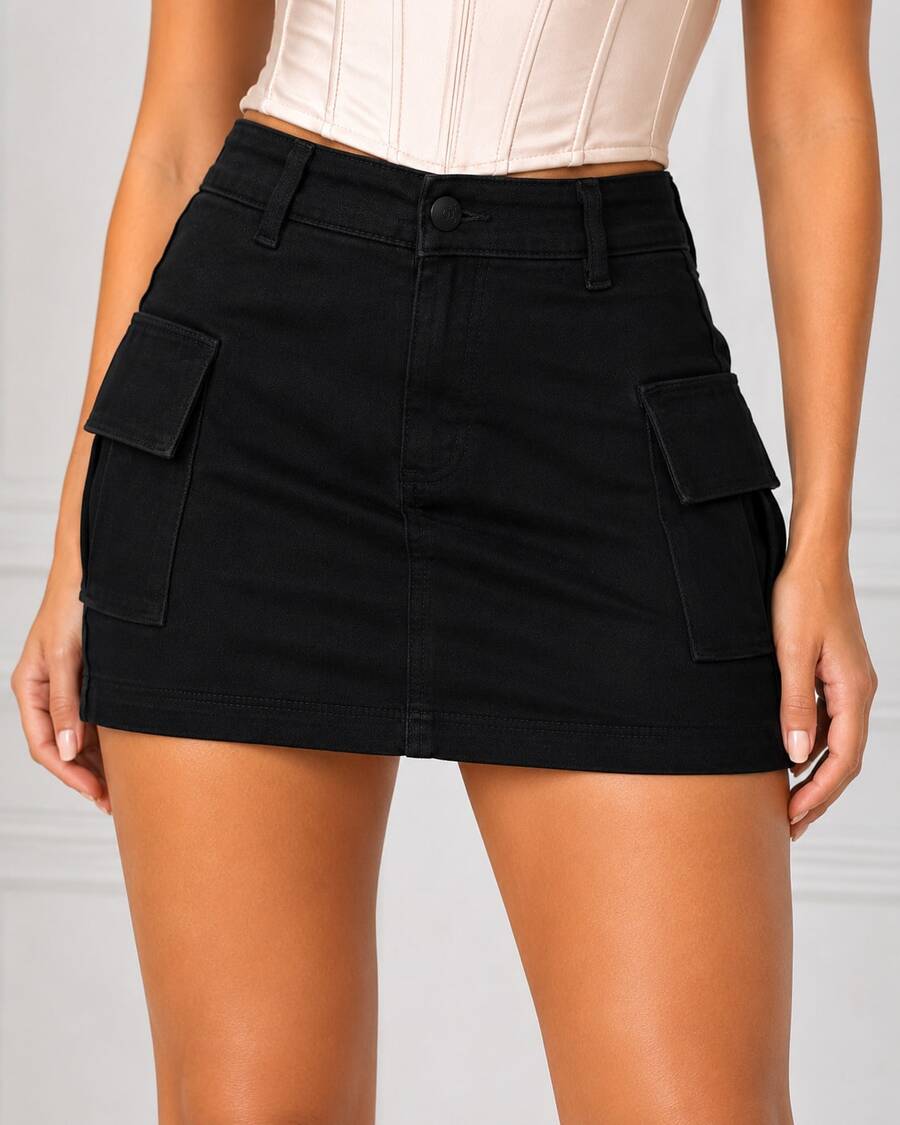 Graphite And Blue Cargo Denim Skirt With Side Pockets - Negro - Ver 1