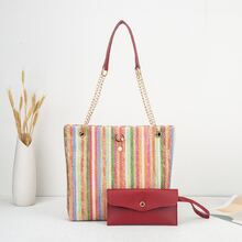 Bolso bandolera tejido arcoíris dulce y fresco 2026 nueva moda estilo japonés con colgante de perla cabeza de gato bolso de hombro - Multicolor - Ver 3