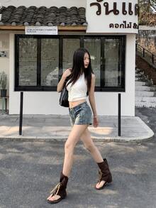Summer Casual Washed Low Waist Denim Shorts - Light Wash - View 5