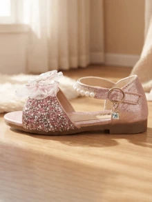 Girls Pink Gold Rhinestone Mesh Bow Princess Sandals, Pearl Decor Open Toe Non-Slip Chunky Heel Flat Shoes For School, Party, Birthday, Performance - Pink - View 5