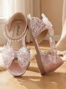 Girls Pink Gold Rhinestone Mesh Bow Princess Sandals, Pearl Decor Open Toe Non-Slip Chunky Heel Flat Shoes For School, Party, Birthday, Performance - Pink - View 3
