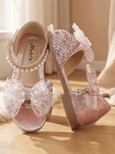 Girls Pink Gold Rhinestone Mesh Bow Princess Sandals, Pearl Decor Open Toe Non-Slip Chunky Heel Flat Shoes For School, Party, Birthday, Performance