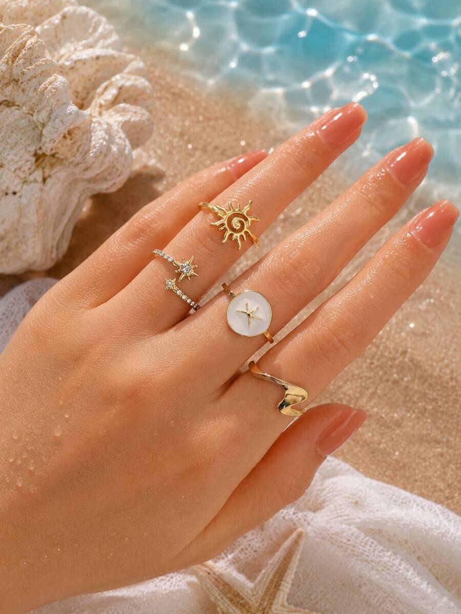 4Pcs/Set Vintage Starfish Sun Shaped Rings Sets For Women Sunmmer Ocean Style Rings Fashion Beach Party Jewelry Gifts - Yellow Gold - View 1