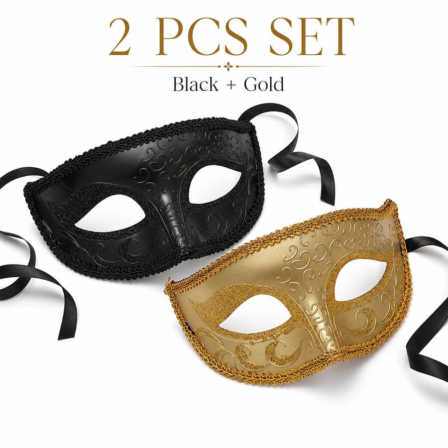 2pcs Halloween Masks Adult Half Face Men's Black + Gold Jazz Masquerade Party Props - Multicolor - View 1