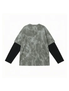 JUTU Spring/Autumn Loose Round Neck 2 In 1 Long Sleeve Tie-Dye Print Women's T-Shirt, For Outing And Commuting Casual - Ash and Black - View 9