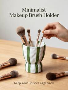 1pc Striped Wavy Vintage Ceramic Storage Holder, Makeup Brush & Cosmetic Tool Organizer Cup, Pastoral Style Desktop Multi-Functional Storage Canister - Multicolor - View 10