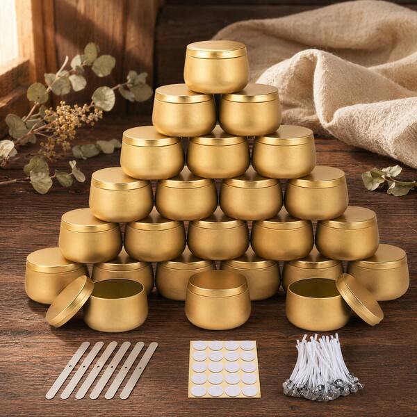 48pcs/6sets 4oz Round Metal Candle Tins With Lids, Matte Gold Candle Tins With Stickers, Wicks, Wick Holders - Portable Empty Containers For DIY Candle Making And Storage, Christmas Decor, Party Supplies, Candy Jars, Includes 6 Empty Tins And 42 Accessories