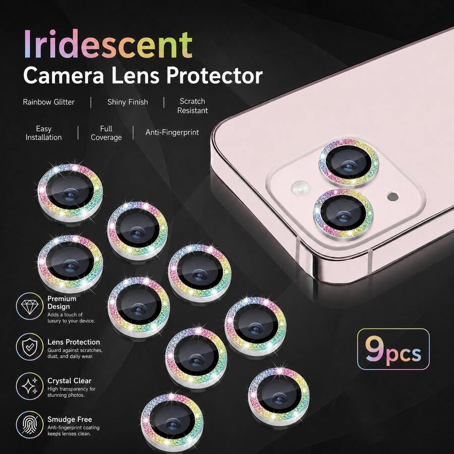 9片裝亮片彩色相機鏡頭保護膜，適用於 iPhone 17 6.3 吋，[AR+AF] 高清透明鋼化玻璃鏡頭蓋，9H 防刮個別金屬亮環，相容手機殼，易於安裝，亮麗多彩 - 彩色 - 查看 1