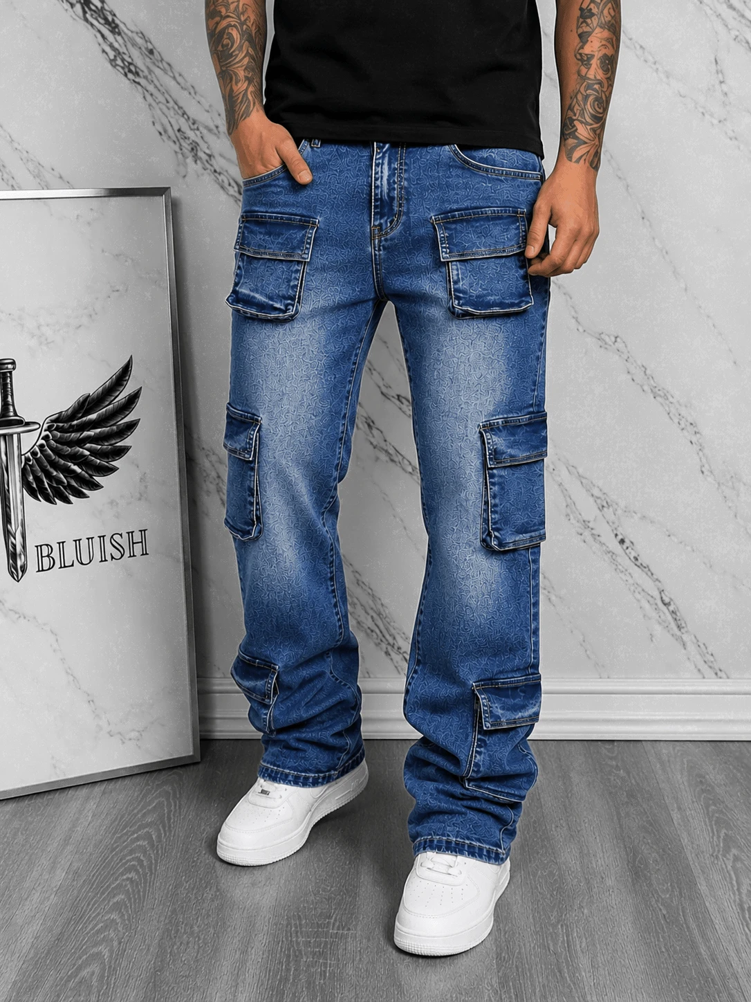 American Street Clean Fit Retro Washed Blue Casual Denim Jeans Men Slim Fit Flared Leg Slimming Long Pants - Blue - View 1