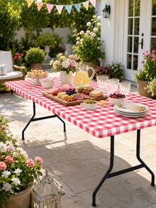 1pc BBQ Party Tablecloth, Red And White Checkered Tablecloth, Suitable For Backyard BBQ, BBQ Party, Summer Picnic, Patio Table, Camping Trip And Outdoor Activities, Elastic Fitted Table Cover - Multicolor - View 3