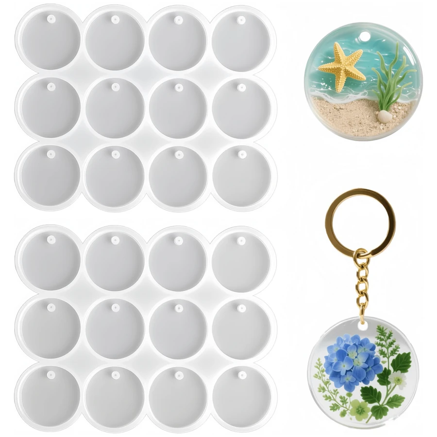 2pcs 12-Cavity Resin Keychain Silicone Mold, 1.33 Inch Flat Round Silicone Mold With Hole, Suitable For Resin Casting, Perfect For Making Earrings, Keychains, Pet Tags, Jewelry Making And Crafts, Jewelry Making Supplies - Round - View 1