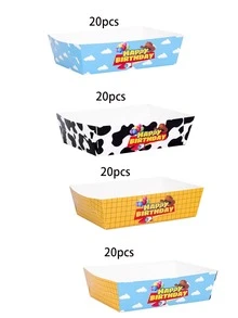 10入/40入/80入 卡通故事牛紋黃色格紋天空雲朵紙製食物托盤，4款零食服務船形盒，1.57x3.5x5.1英吋，生日快樂爆米花洋芋片糖果收納盒，適合卡通牛仔主題生日派對、電影之夜、野餐裝飾 - 彩色 - 查看 11