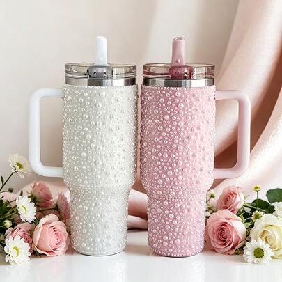 Vaso térmico Pearl Diamond de 40 oz – reutilizable, botella de agua de acero inoxidable con aislamiento al vacío, taza, termo, accesorios de cocina, lonchera, soporte para pasteles, tapa con pajita a prueba de fugas, mantiene frío 12 h, caliente 6 h, almacén local de EE. UU.