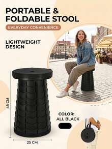 1 Portable Telescopic Folding Stool, Height Adjustable, Suitable For Outdoor Camping, Queuing, Fishing, Thickened And Heavy-Duty, Travel-Friendly, Non-Slip Storage Stool - All Black (individual Color Box Packaging) - View 2