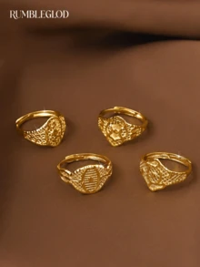 1pc Handcrafted Oval Sun Pattern Adjustable Ring, 24K Gold Plated, Suitable For Women, No Packaging - Oval Series - View 1