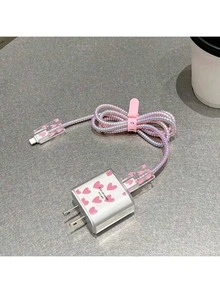 粉色 TPU 小愛心印花/蝴蝶結/花朵圖案/紫色愛心貓充電線保護套，相容 Apple 18/20W 充電器，送給朋友的完美禮物 - 粉色 - 查看 3