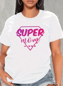 Women's Casual Sports T-Shirt With Round Neck, Elastic, Short-Sleeved, Printed With The Lettering "SUPER MOM", Spring/Summer Fashion, Women's Casual S - 白色 - 查看 1