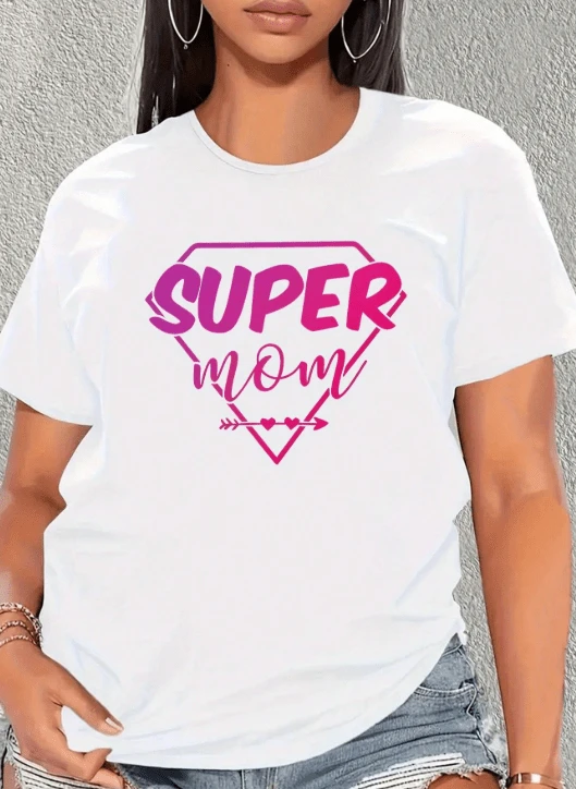 Women's Casual Sports T-Shirt With Round Neck, Elastic, Short-Sleeved, Printed With The Lettering "SUPER MOM", Spring/Summer Fashion, Women's Casual S - 白色 - 查看 1