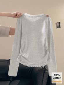 Autumn Lace Patchwork Long Sleeve T-Shirt, Grey Floral Color Top, Women's Versatile Slimming Solid Color Inner Layer Base Shirt - Gray - View 4