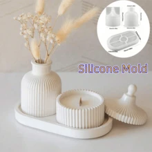 4PCS Silicone Mold Set, For Candle Holders, Oval Trays And Striped Storage Jars Planters, Epoxy Resin, Concrete, Plaster Multi-Purpose DIY Craft Kit - Perfect For Home Decor And Jewelry Display - White - View 1