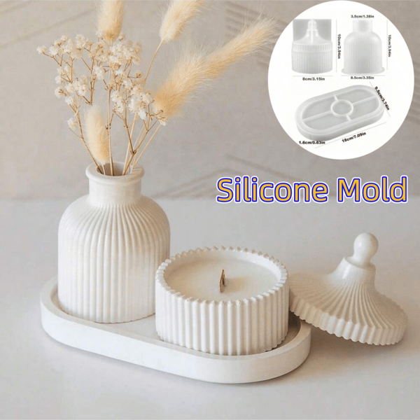 Bộ 3 khuôn silicon, bộ đồ thủ công DIY đa năng cho chân nến, khay hình bầu dục và lọ đựng/chậu trồng cây có sọc, thích hợp cho nhựa Epoxy, bê tông, thạch cao - tuyệt vời để trang trí nhà cửa và trưng bày đồ trang sức