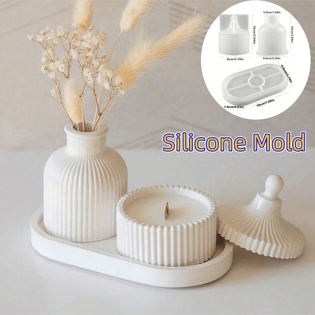 4PCS Silicone Mold Set, For Candle Holders, Oval Trays And Striped Storage Jars Planters, Epoxy Resin, Concrete, Plaster Multi-Purpose DIY Craft Kit - Perfect For Home Decor And Jewelry Display - White - View 1