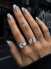 4pcs/2pcs Set Couple Geometric Zirconia Rings, Square & Asymmetric Combination Sparkling Personalized, Couple Hip-Hop Street Style Stackable Rings, Suitable For Back To School Season, Couple Outfits, Anniversary And Holiday Jewelry - Women's Open Ring Two-piece Set - View 2