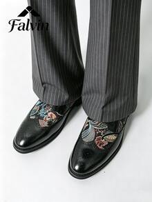 男士時尚正裝鞋，刺繡布洛克商務正裝鞋，復古英倫風，尖頭繫帶低跟休閒鞋，適合全年穿著，橡膠底，舒適，男鞋 - 黑色 - 查看 5