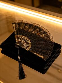 1pc Vintage Black Lace Folding Hand Fan, Summer Handheld Decorative Fan, Chinese Retro Tassel Orchid Fan, Essential For Weddings And Festivals, Dance Performance And Photography Prop, Hanfu Cheongsam Summer Party Decoration - Multiple Styles - View 4