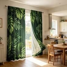 2pcs/Set, Multicolor, Tropical Leaf And Monstera Pattern, Vibrant Botanical Style Printed Curtains, 100% Polyester Fabric, Rod Pocket Design 2 Panels, Unlined, 180gsm, 180cm Wide, Ideal For Bedroom, Living Room And Coastal Themed Spaces - Multicolor - View 2