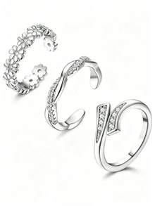 3pcs Spring/Summer Minimalist Sexy Beach Toe Rings With Sparkling Synthetic Zirconia, Exquisite Jewelry Accessories, Suitable For All Seasons, Perfect For Holidays, Weddings, Parties, Commuting, 2026 New Valentine's Day, Mother's Day, St. Patrick's Day, Easter Gifts - Silver - View 2