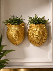Pot de fleurs mural en résine avec tête de lion et d'ours dorés, pot de fleurs mural texturé pour plantes grasses, décoration murale de luxe, pour le mur du salon, la clôture du balcon, le porche, le mur du café & l'ornement mural de verdure moderne et glamour, décoration de jardin, pots de jardin - Nouveau style - Voir 9