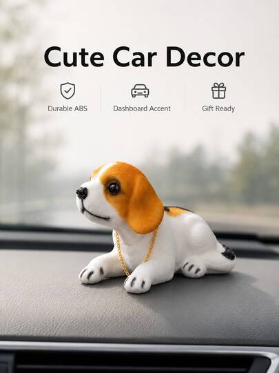1件 Lucky Dog! 比格犬、哈士奇儀表板裝飾品－樹脂與ABS寵物狗雕像，點頭設計，金色鏈條項圈，1隻點頭療癒狗/汽車裝飾/可愛寵物點頭娃娃車內裝飾壓力緩解工具