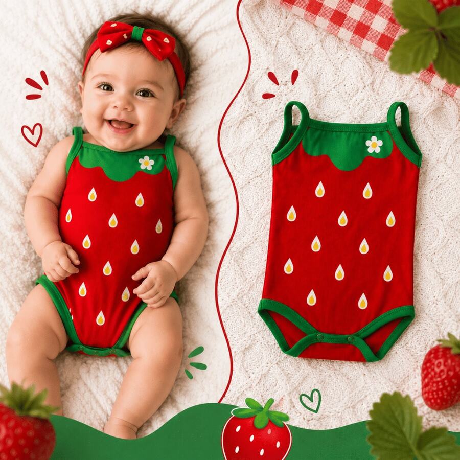body bebê menina temático frutas, roupa infantil mesversário para recém nascidos de 0 a 12 meses - Vermelho - Visão 1