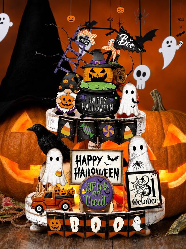 1 Set Halloween Tiered Tray Decor Set, Mini Desktop Centerpiece, Happy Halloween Wooden Sign, Rustic Style Table Centerpiece, Suitable For Halloween Decor, Tiered Tray, Mantel, Coffee Bar, Party Table And Seasonal Room Decoration