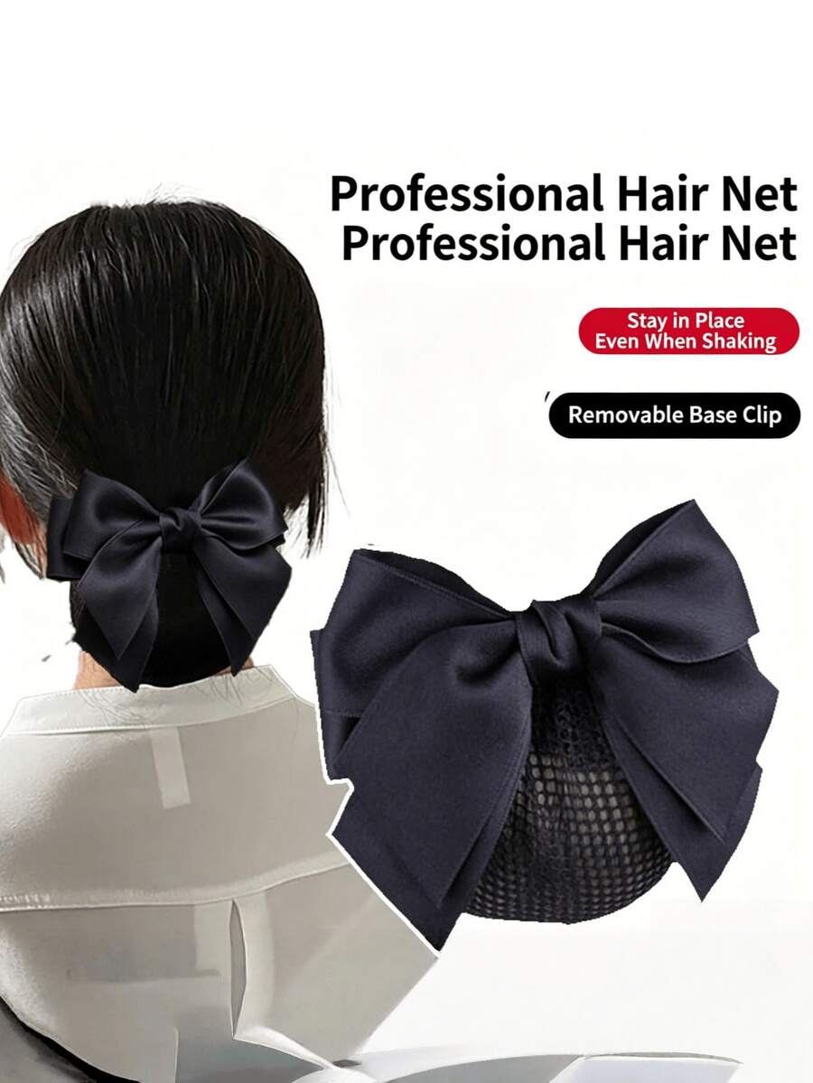 1pc Women's Detachable Hair Net Bow Hair Clip, Black Satin Ribbon Bun Hair Net With Removable Base Clip, Secure Hair Tie Net For Neat Updo Hairstyles; Suitable For Office, Dance, Ballet, Restaurant Work, Bedroom Grooming, Back To School Outfits, All-Season Style, Can Be Used As Holiday Gift - Black - View 1