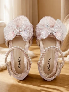 Girls Pink Gold Rhinestone Mesh Bow Princess Sandals, Pearl Decor Open Toe Non-Slip Chunky Heel Flat Shoes For School, Party, Birthday, Performance - Pink - View 1