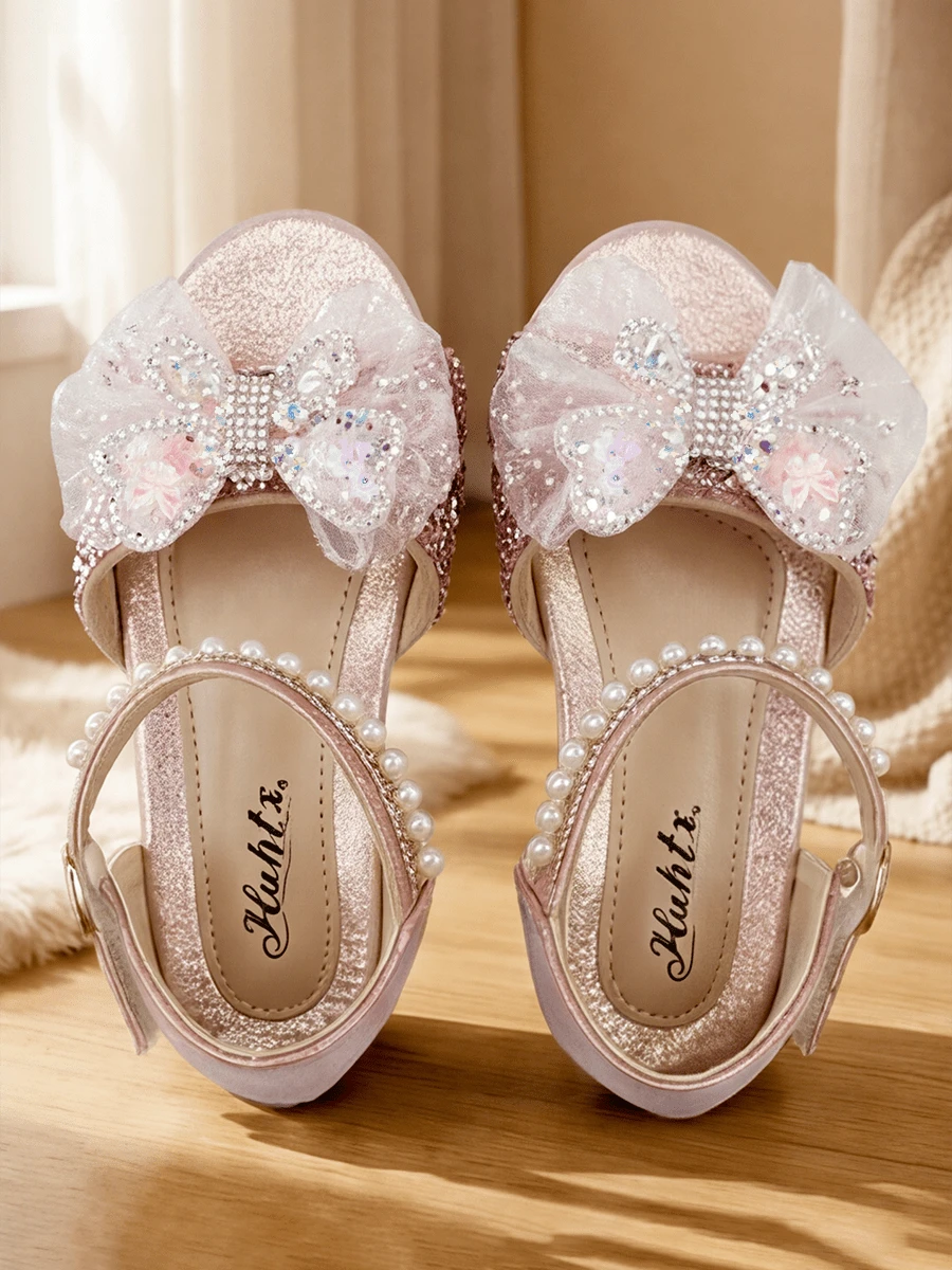 Girls Pink Gold Rhinestone Mesh Bow Princess Sandals, Pearl Decor Open Toe Non-Slip Chunky Heel Flat Shoes For School, Party, Birthday, Performance - Pink - View 1
