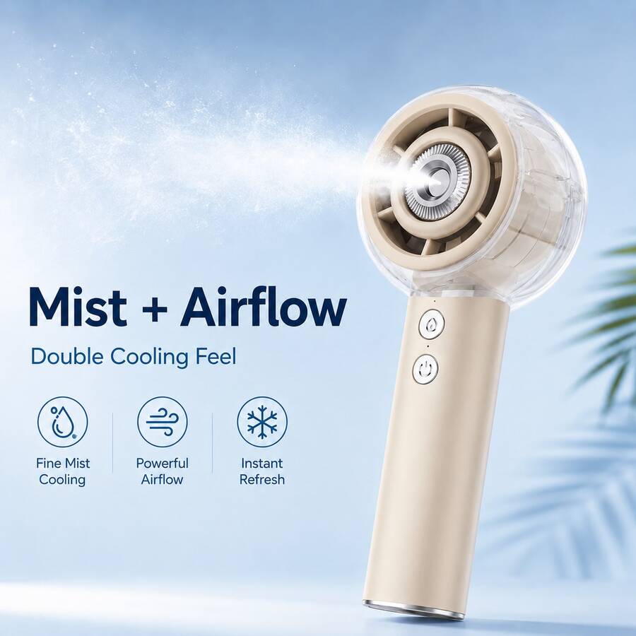 Zechuan Portable Misting Fan, 4000mAh USB Rechargeable Handheld Spray Fan With 50ml Water Tank, 4 Speeds Foldable Mini Personal Cooling Fan For Travel, Beach, Office, Camping & Outdoor,Back-To-School Essential, Classroom Supply, School Supply - 米色 - 查看 1
