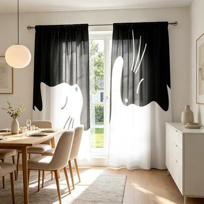 2 pièces Rideaux modernes et à la mode, motif simple de chat noir et blanc, sac de tringle, convient pour toutes les saisons, protège la vie privée, convient pour décorer diverses scènes telles que les salons, les chambres à coucher et les cuisines, bonne transparence, impression plate 2D