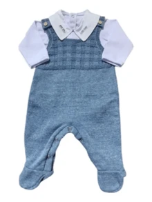 Kit Saída Maternidade Bebê Menino Tricô Enxoval Jardineira - jeans - Visão 6
