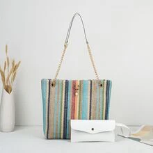 Bolso bandolera tejido arcoíris dulce y fresco 2026 nueva moda estilo japonés con colgante de perla cabeza de gato bolso de hombro - Multicolor - Ver 7