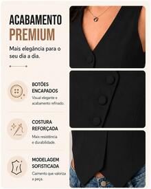 Colete Feminino Alfaiataria Botões Encapados na frente elegante Casual Assimétrico Escritório Férias - Preto - Visão 2