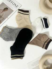 5 Pairs Neutral Color Double Stripe Ribbed Short Socks, Solid Color Contrast Cuff Low-Cut Socks, Minimalist Daily Versatile Casual Women's Socks - Multicolor - View 3