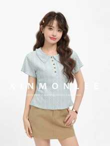 Korean Style Sweet Collar Youthful Short Sleeve Button T-Shirt For Holiday Evening Date And Daily Wear In Summer - Green - View 2