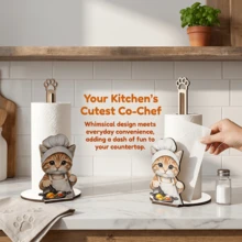1/2pcs Cute Chef Cat Wooden Paper Towel Holder, Vertical Paper Towel Storage Rack, Rustic Kitchen Cafe Dining Table Desktop Home Decor, Cat Lover Gift - Multicolor - View 3