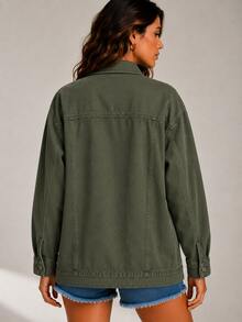 Max Women's Long Winter Denim Jacket With Pockets - Army Green - View 3
