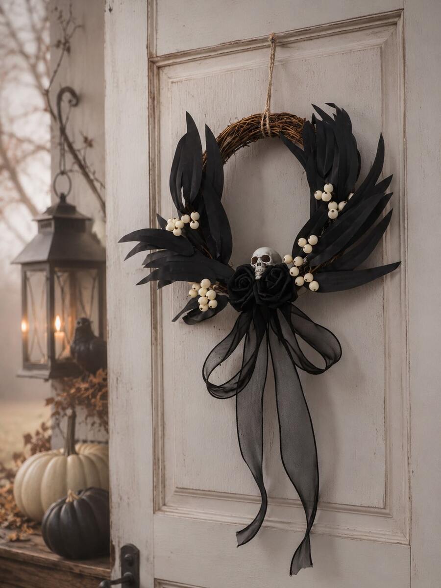 1pc Halloween Black Vine Wreath, Skull Rose Door Hanging, Black Leaf Door Decor, Woven Round Wreath, Gothic Style Door Ring, Front Door Hanging Decoration, Entryway Wall Hanging, Halloween Porch Decoration, Skull Wreath, Black Rose Decor, White Berry Accents, Gauze Ribbon Bow Hanging Decoration, Party Photo Prop, Suitable For Front Door, Living Room, Fireplace, Wall, Windowsill, Display Window, Coffee Corner, Restaurant, Office, Party Table, Halloween Holiday Decoration, Can Be Used For Doorway Welcome Decoration, Indoor Wall Hanging