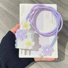 Summer Purple Yellow Blue Multi-Color Floral Charger Protective Case Compatible With IPhone 15 Pro Max, 13, 12/11, 18/20W Fast Charger, Data Cable Protective Case With 3D Texture, High-Definition Transparent Protective Case With Electroplated Protective Line, 4-Piece Set, Essential Gift, New Popular Style - Clear - View 9