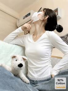 Autumn Lace Patchwork Long Sleeve T-Shirt, White Top For Women, Versatile Slimming Solid Color Inner Layer Base Layer - White - View 3
